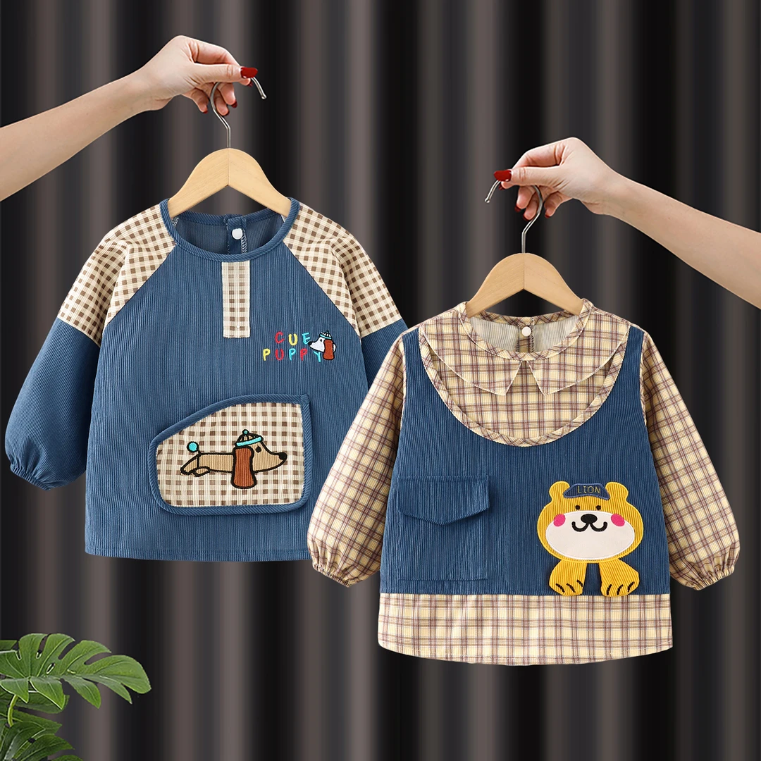 灯芯绒儿童罩衣幼儿园女宝宝吃饭围兜男孩防水防脏反穿衣饭兜围裙