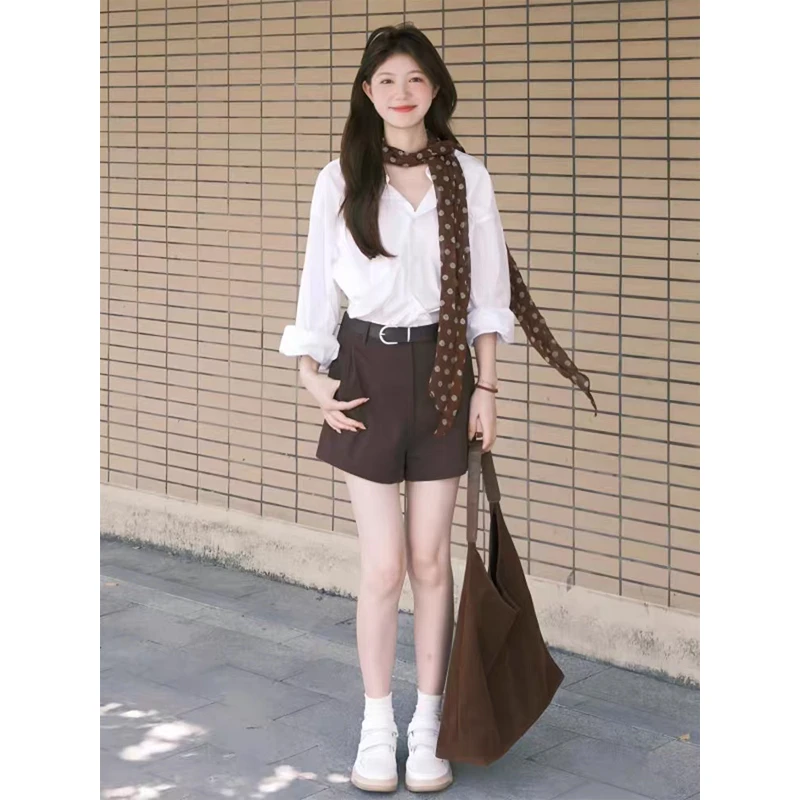 2025夏季新款法式气质修身翻领薄款衬衫上衣百搭高腰显瘦阔腿短裤