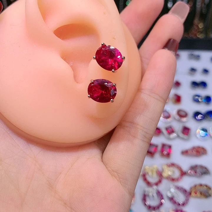 红宝石耳饰银S925镶嵌810玫瑰金