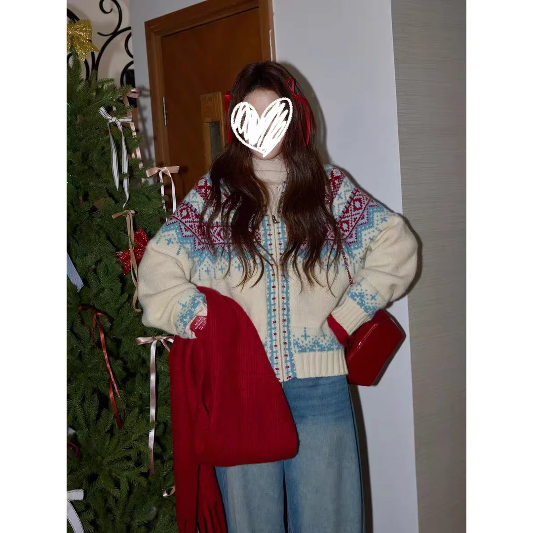 甜粿妹妹米色费尔岛开衫连帽圣诞毛衣外套女加厚毛衫上衣长袖