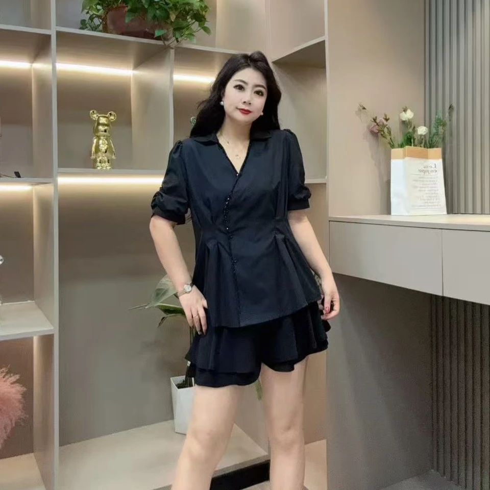 夏季半袖-酷 3492时尚潮流串珠边压褶气质收腰款胖MM大码女装新款