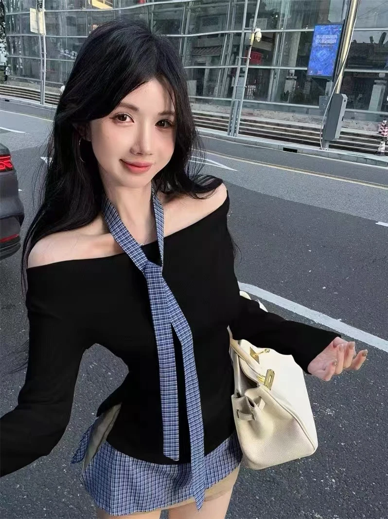 假两件格子长袖t恤女秋冬纯欲辣妹一字肩飘带挂脖上衣打底衫内搭