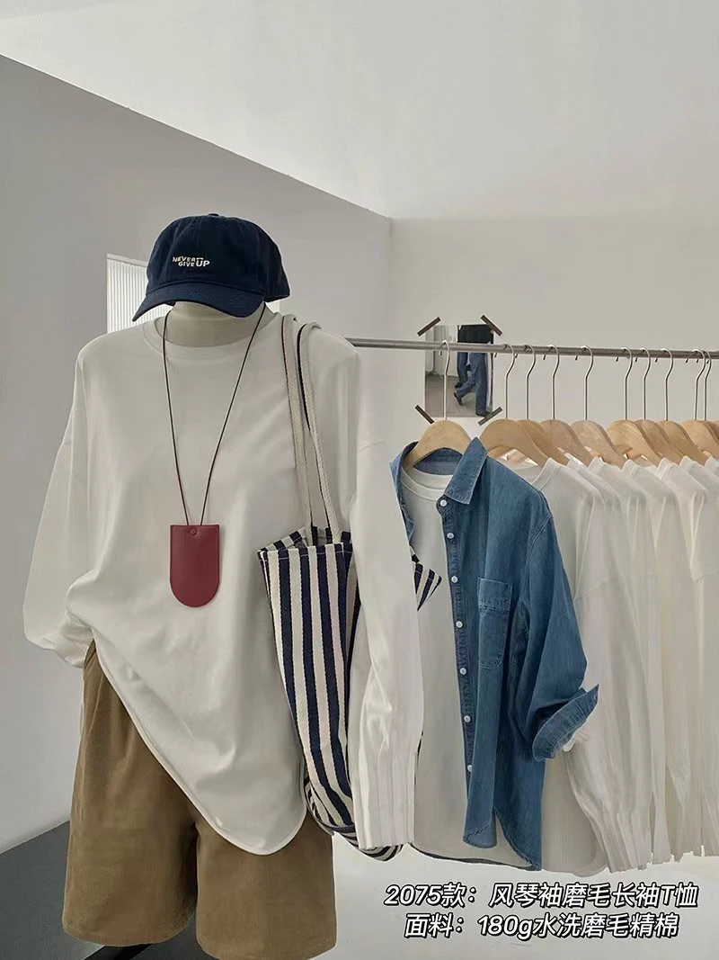 春季韩子风琴袖纯色小白T