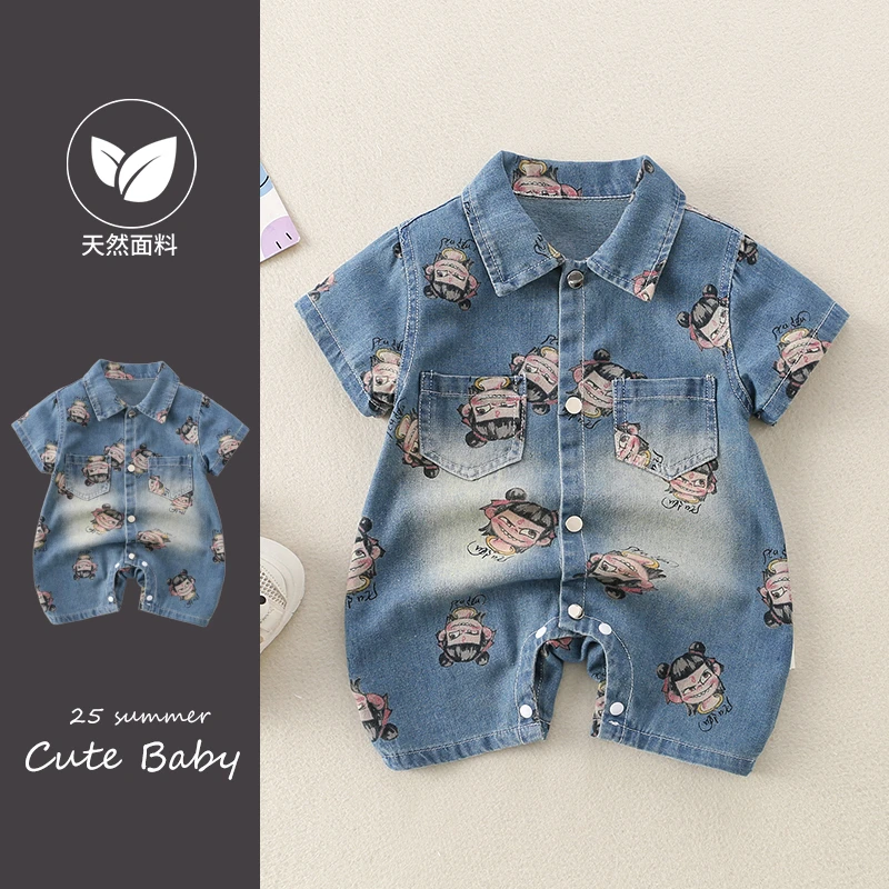 新生儿夏装牛仔连体衣韩版卡通薄款爬服0-12个月夏季男女宝宝哈衣