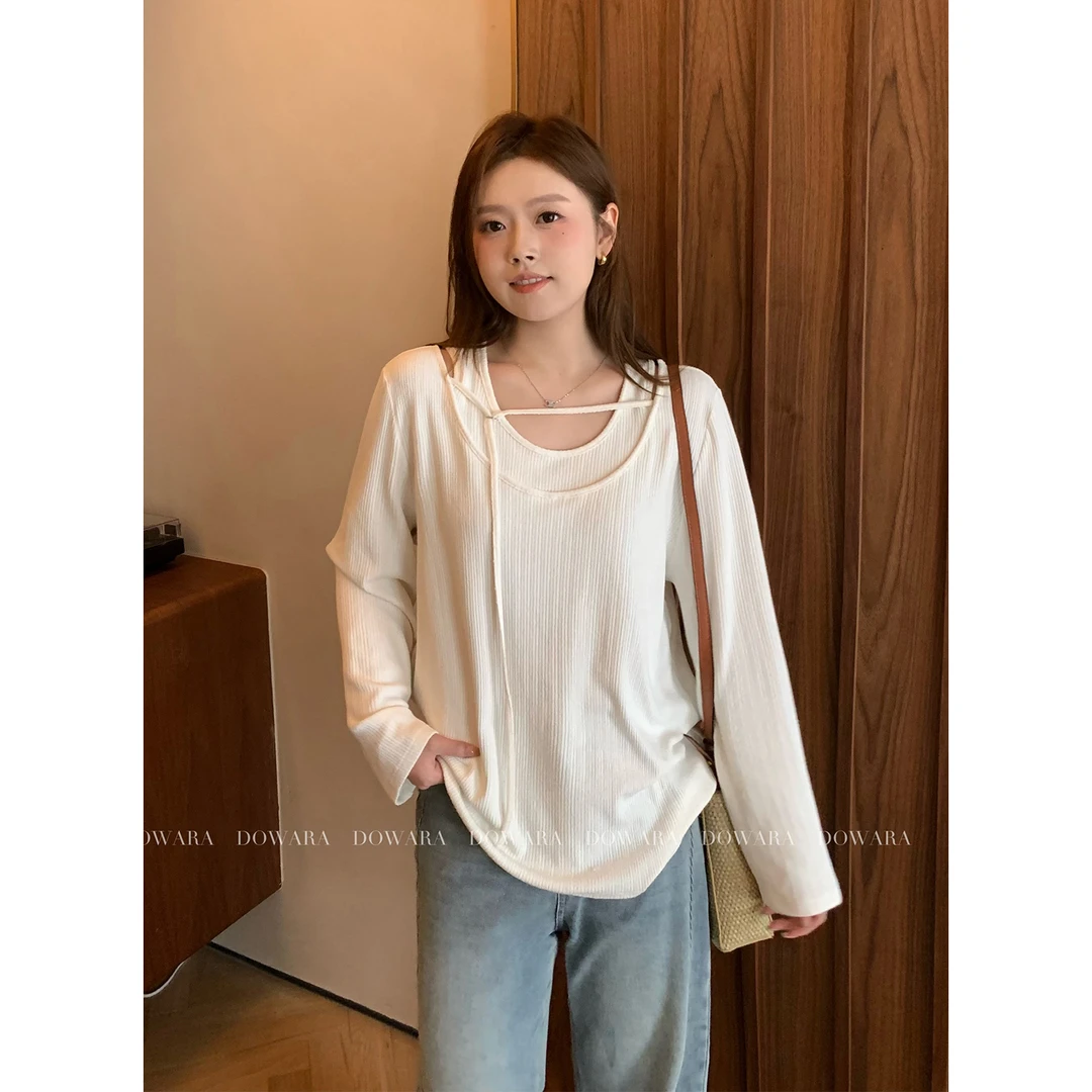 现货大婉酱微胖定制欧若风简约假两件长袖小衫春季设计上衣 6513D