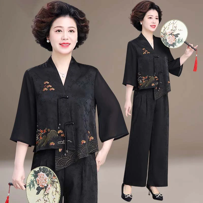 新中式妈妈夏装洋气时尚衬衫套装2025新款中老年夏季国风小衫上衣
