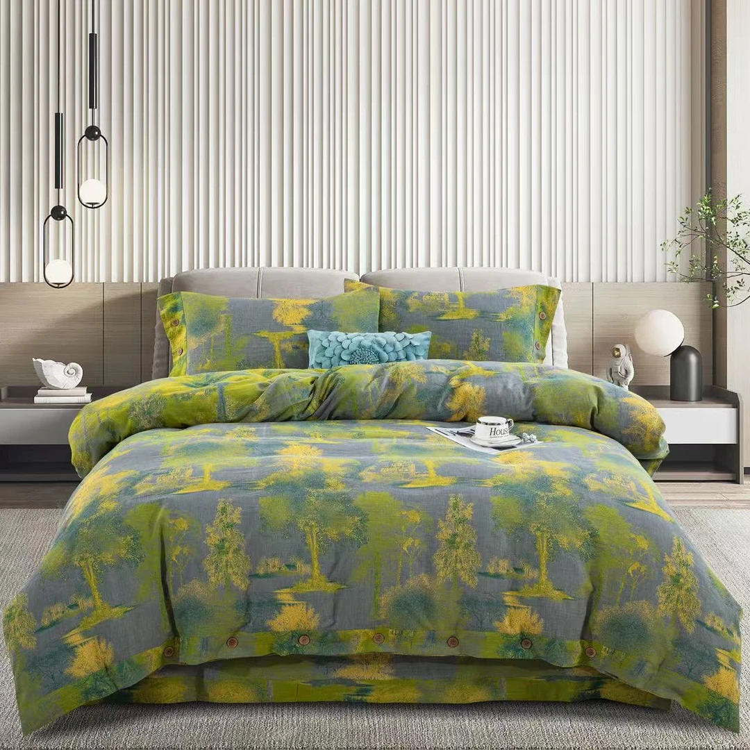 【漫步森林绿】高端纯棉色织提花四件套圆角贴边纽扣款母婴A类