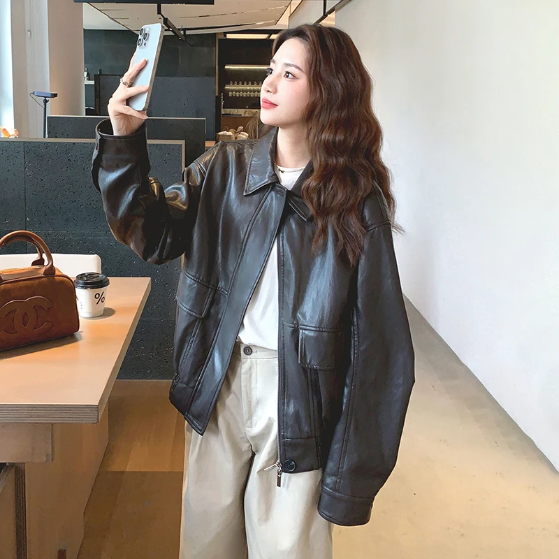 法芬图棕色皮衣外套女秋季2025新款美拉德复古时髦翻领百搭皮夹克