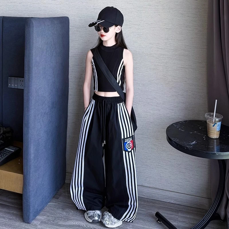 美式复古侧边条纹运动裤女童夏季新款2024宽松直筒阔腿裤休闲卫裤