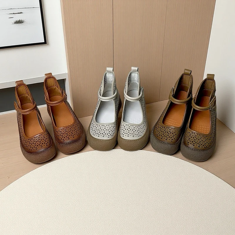镂空浅口防滑夏季极简风妈妈单鞋复古牛皮鞋百搭包头休闲洞洞鞋