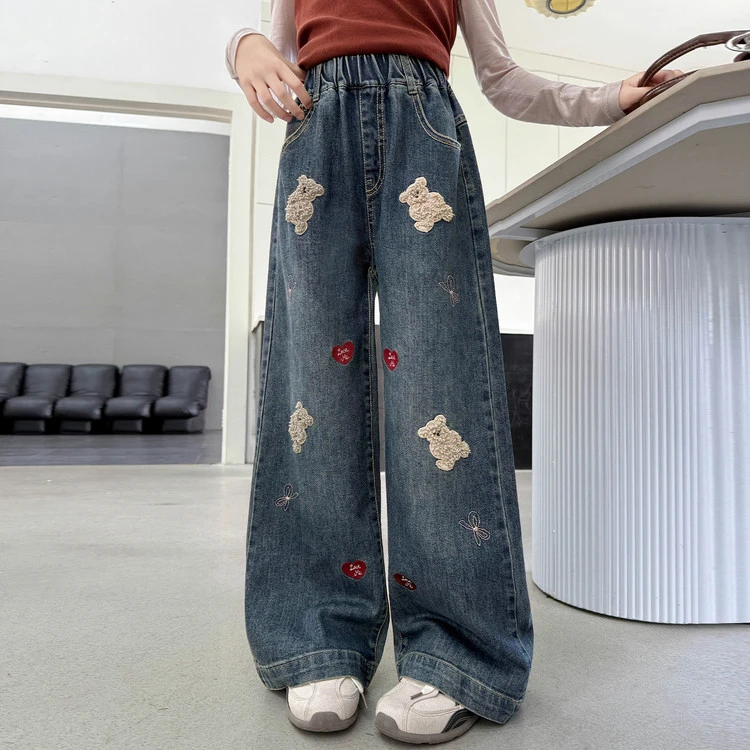 女童牛仔裤童装春秋洋气百搭韩版高腰直筒阔腿裤女大童6-12岁潮款