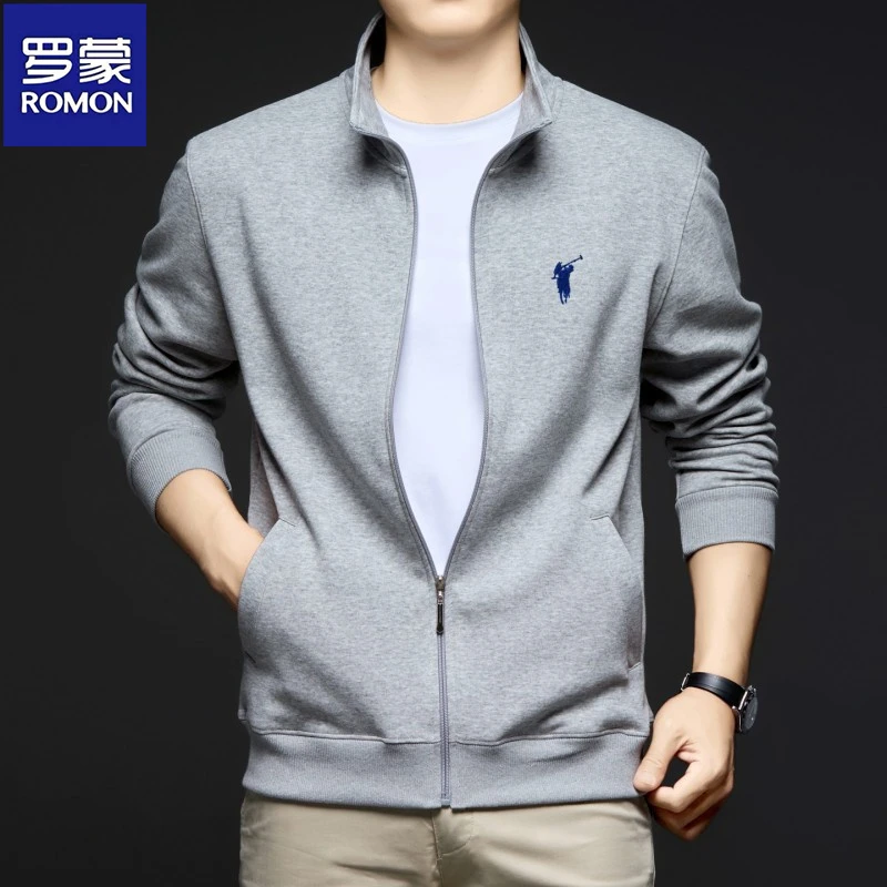 罗蒙秋季中年男士休闲百搭上衣刺绣外套棉感长袖卫衣宽松拉链开衫