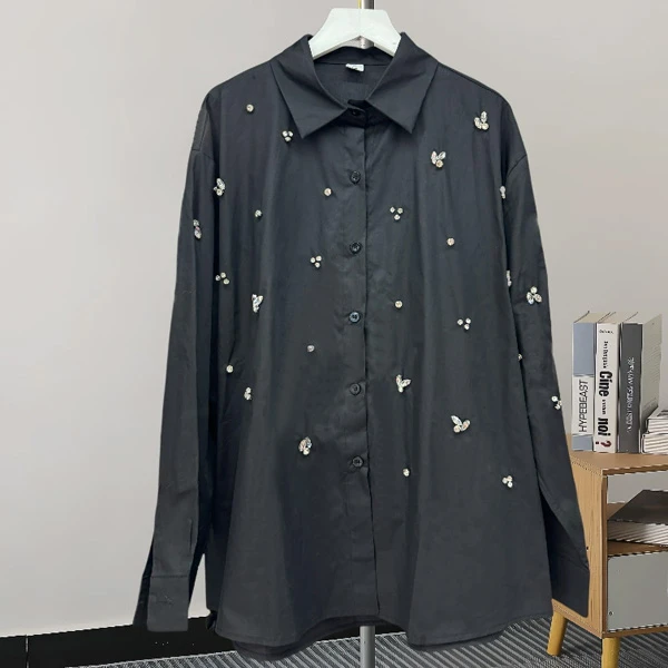 2025春季新款法式气质重工钉珠烫钻翻领单排扣长袖衬衫女宽松衬衣