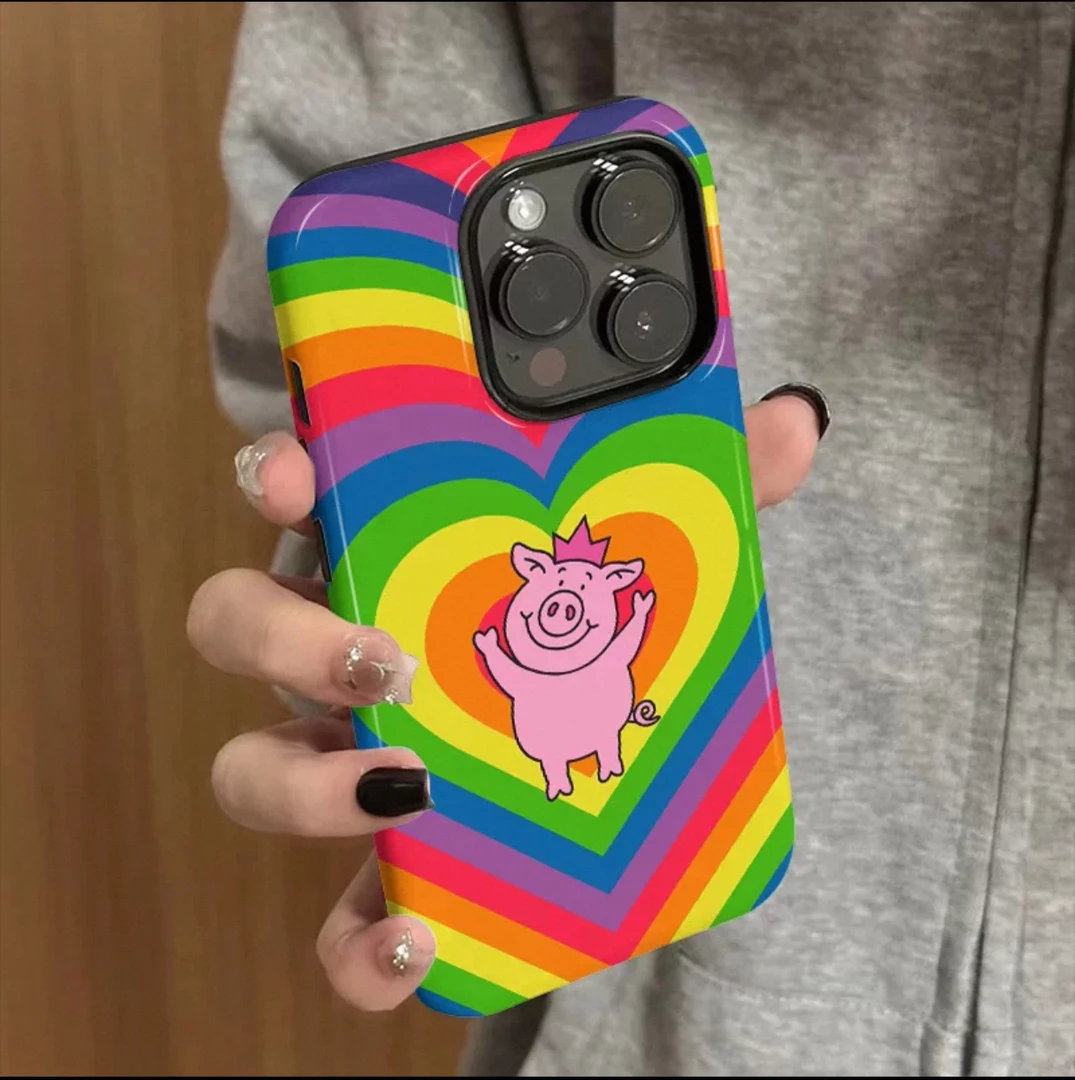 彩虹爱心小猪适用苹果15promax手机壳iphone14新款13简约12耐脏11