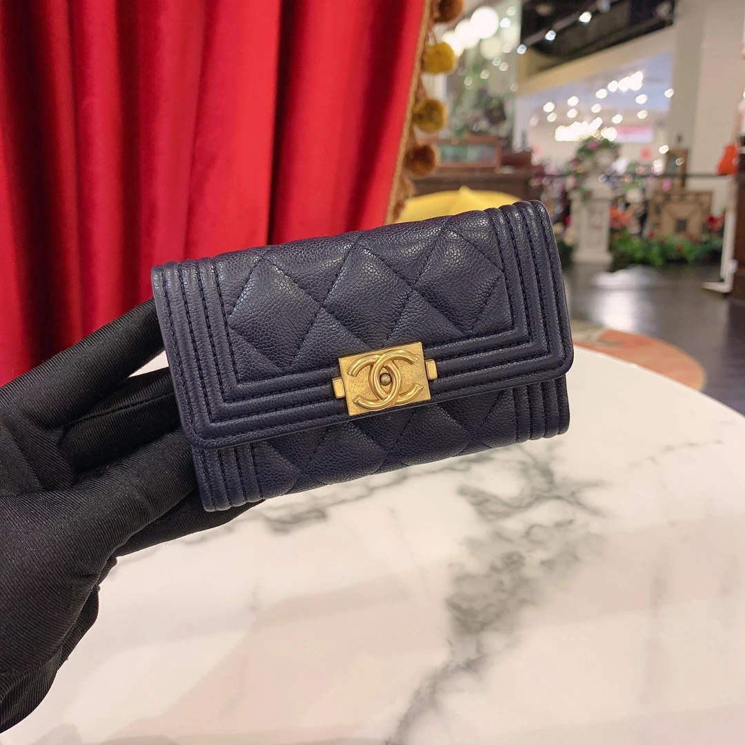 95新 Chanel/香奈儿 GGSleboy短款钱包海军蓝金扣荔枝牛76350800