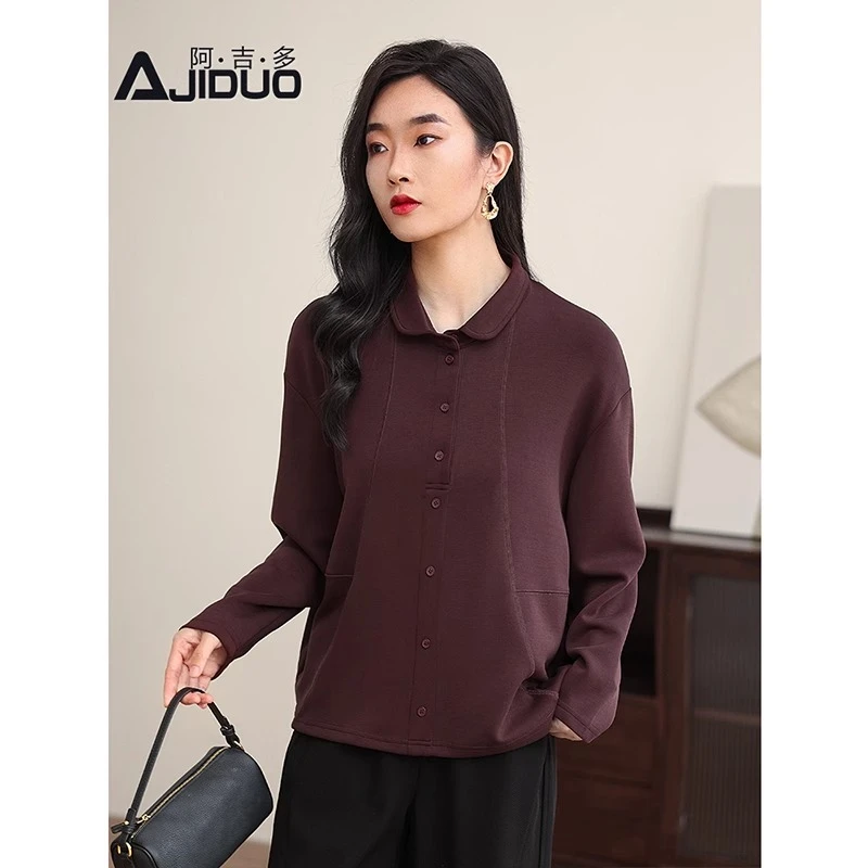 阿吉多A65367咖红色长袖衬衫女2025春季新款时尚洋气休闲简约上衣