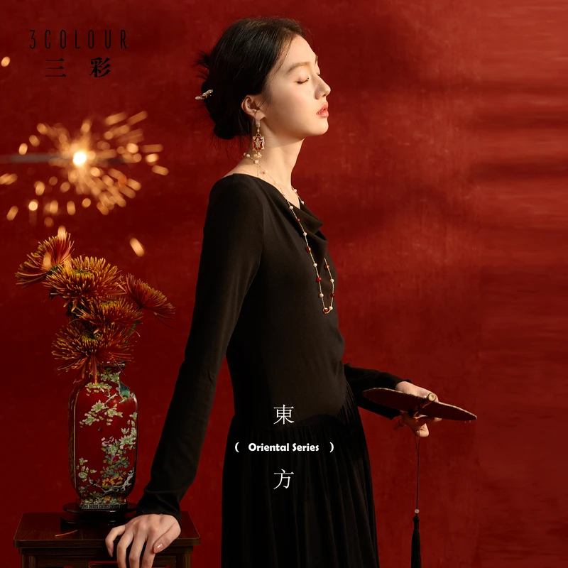 三彩【墨染倾城】2025冬季新款荡领连衣裙收腰A字裙长裙C