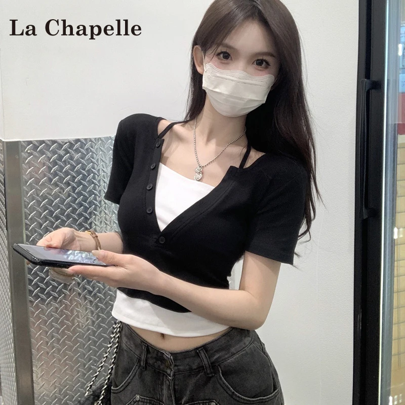 拉夏贝尔挂脖假两件短袖T恤女夏季2025新款美式设计感小众短上衣