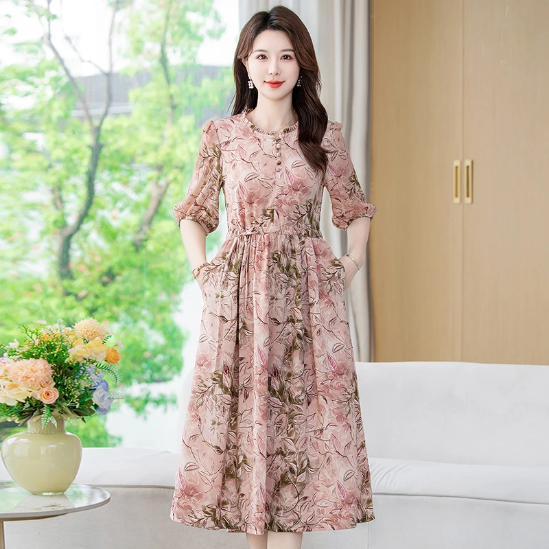 碎花A字裙中国风夏季中袖连衣裙宽松印花女装中老年显瘦长裙