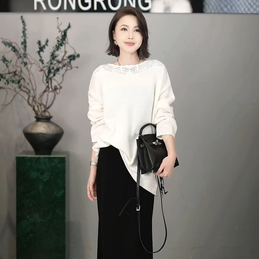 溶溶【栀子独白】RONGRONG 100绵羊毛一字领钩花镂空优雅羊毛衫2548