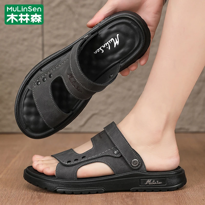 木林森凉鞋男款2025新款夏季休闲防滑皮凉拖男耐磨外穿两用皮凉拖