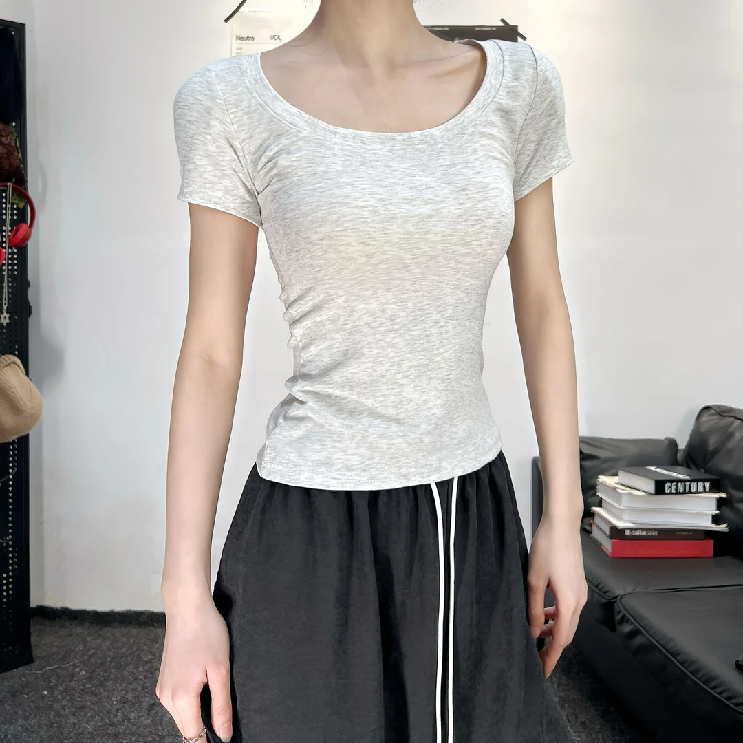 纯欲风U领短袖T恤女2025新款设计感辣妹修身纯欲T恤ZB99