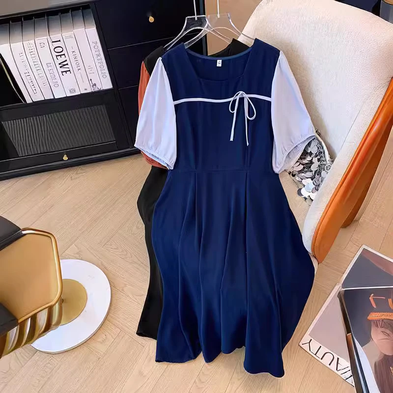 ZZ2645大码胖MM夏装方领a字短袖宽松显瘦气质连衣裙