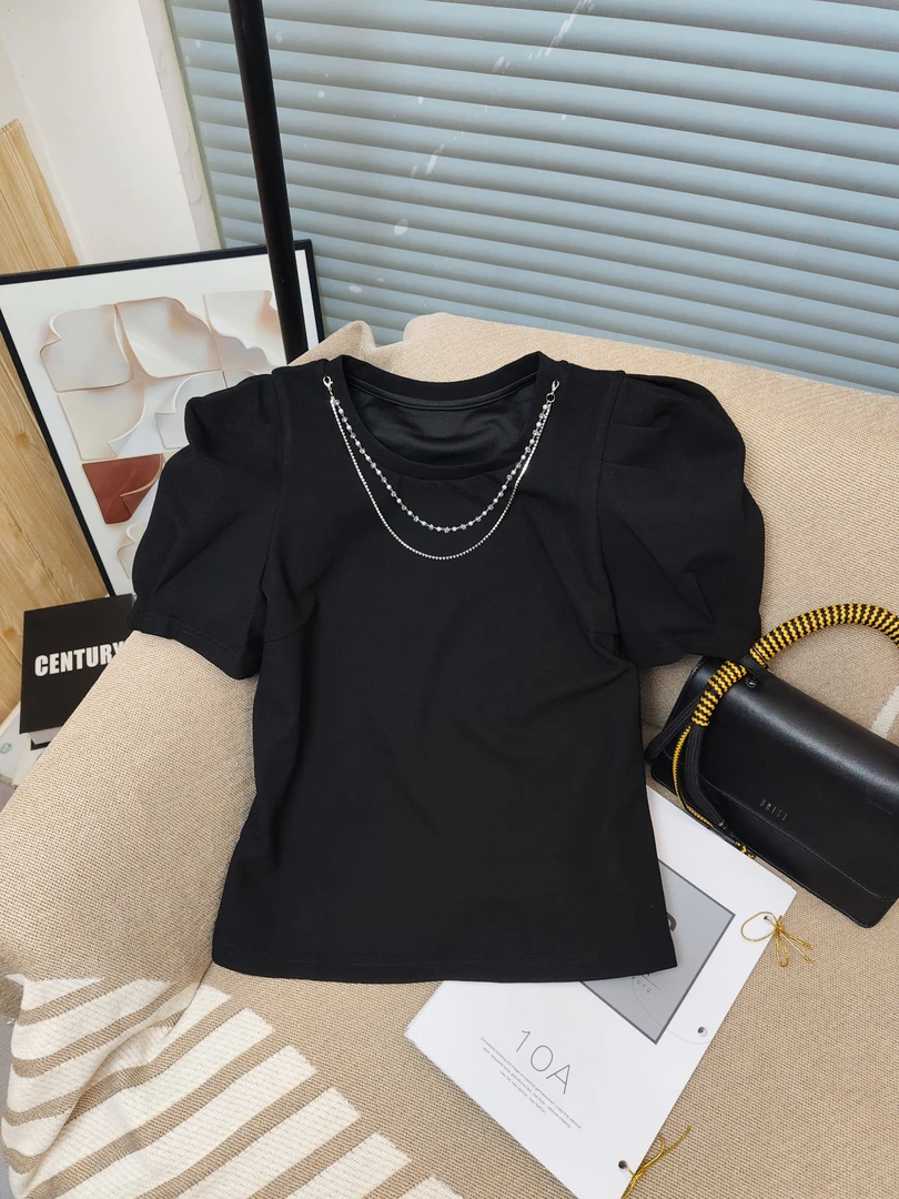 纯色圆领短袖法式钉珠短袖T恤夏季短款美式法式泡泡袖