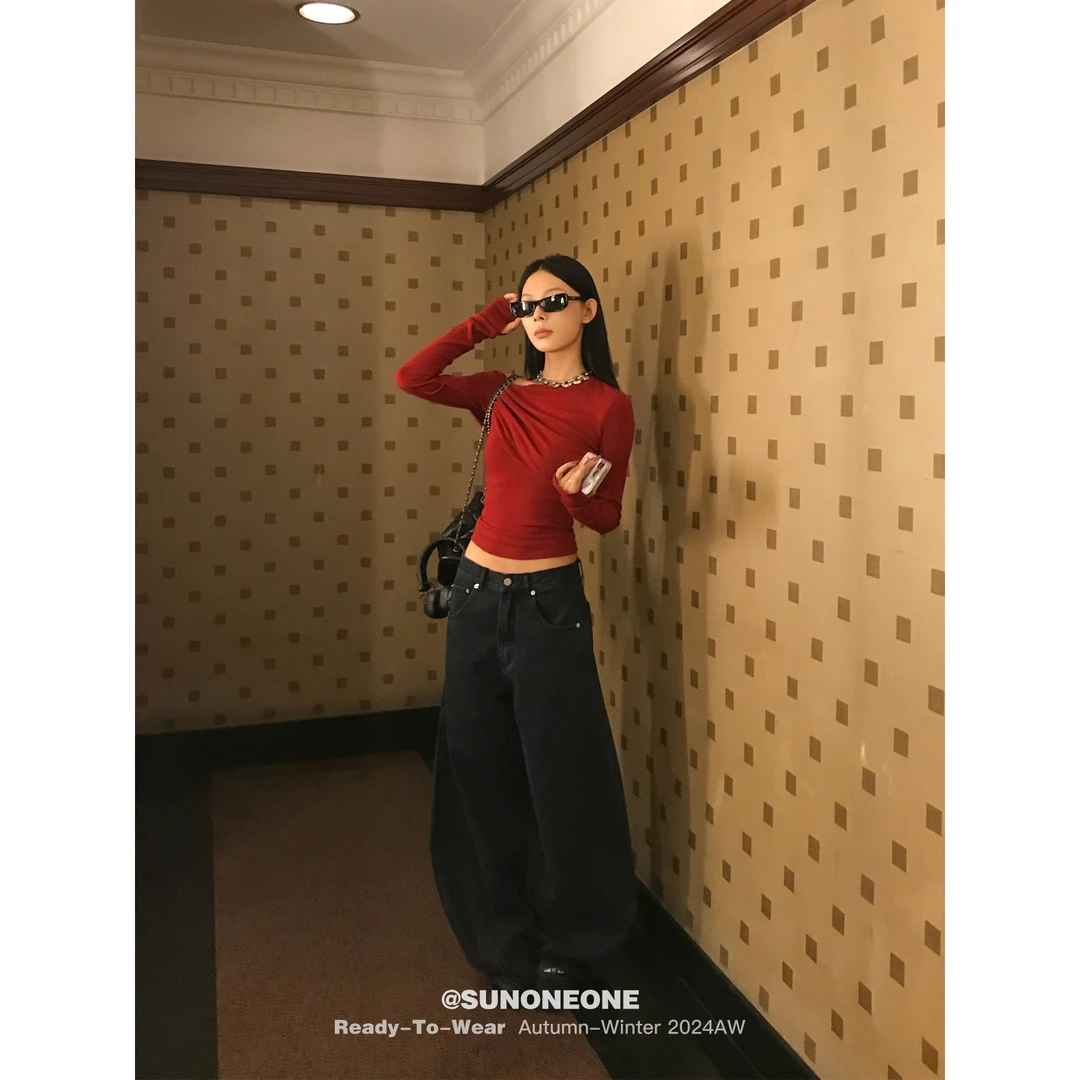 SUNONEONE 黑色阔腿牛仔裤女春美式复古直筒显瘦长裤H0639K