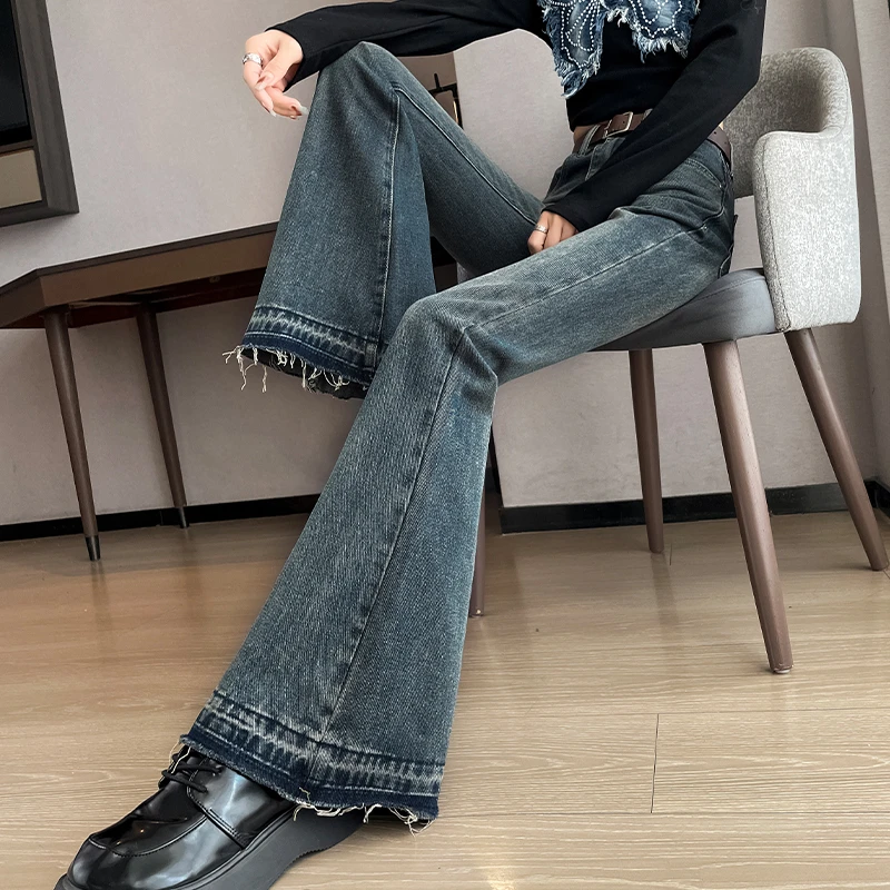 水泥灰微喇牛仔裤春秋季新款高腰修身穿搭设计感毛边小个子喇叭裤
