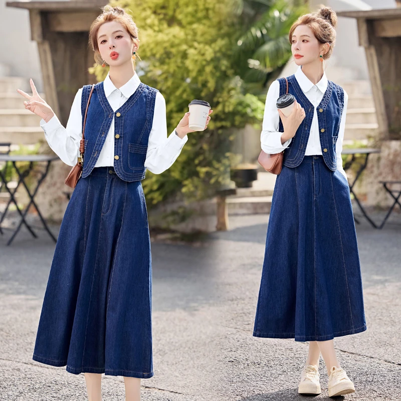 韩系穿搭时尚气质洋气减龄牛仔马甲衬衫半身裙三件套套装春装新款