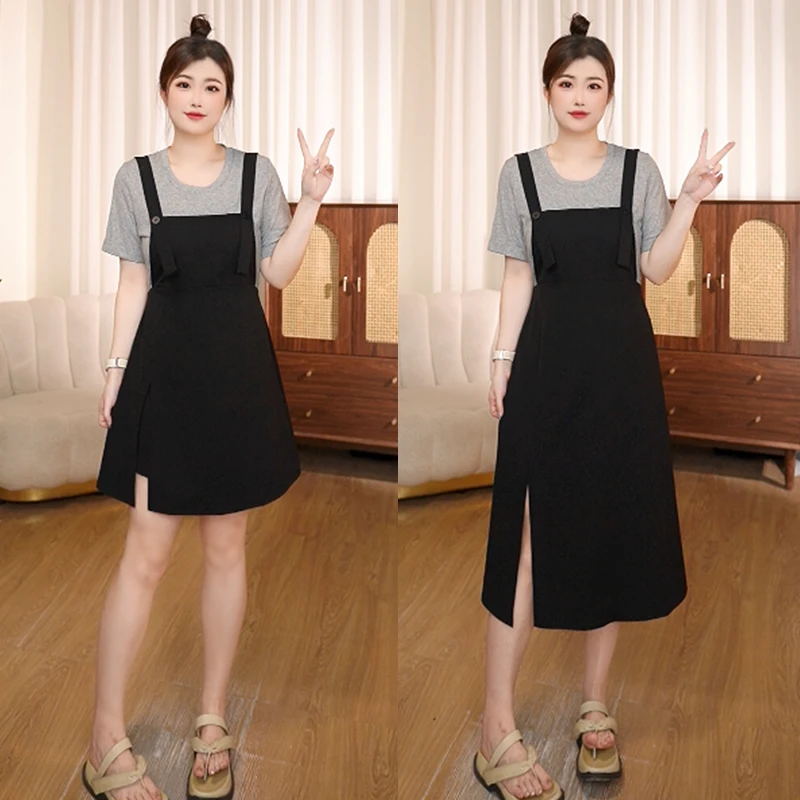 《哆啦》夏季休闲背带假俩件大码女装胖mm小个子开衩连衣裙 25108