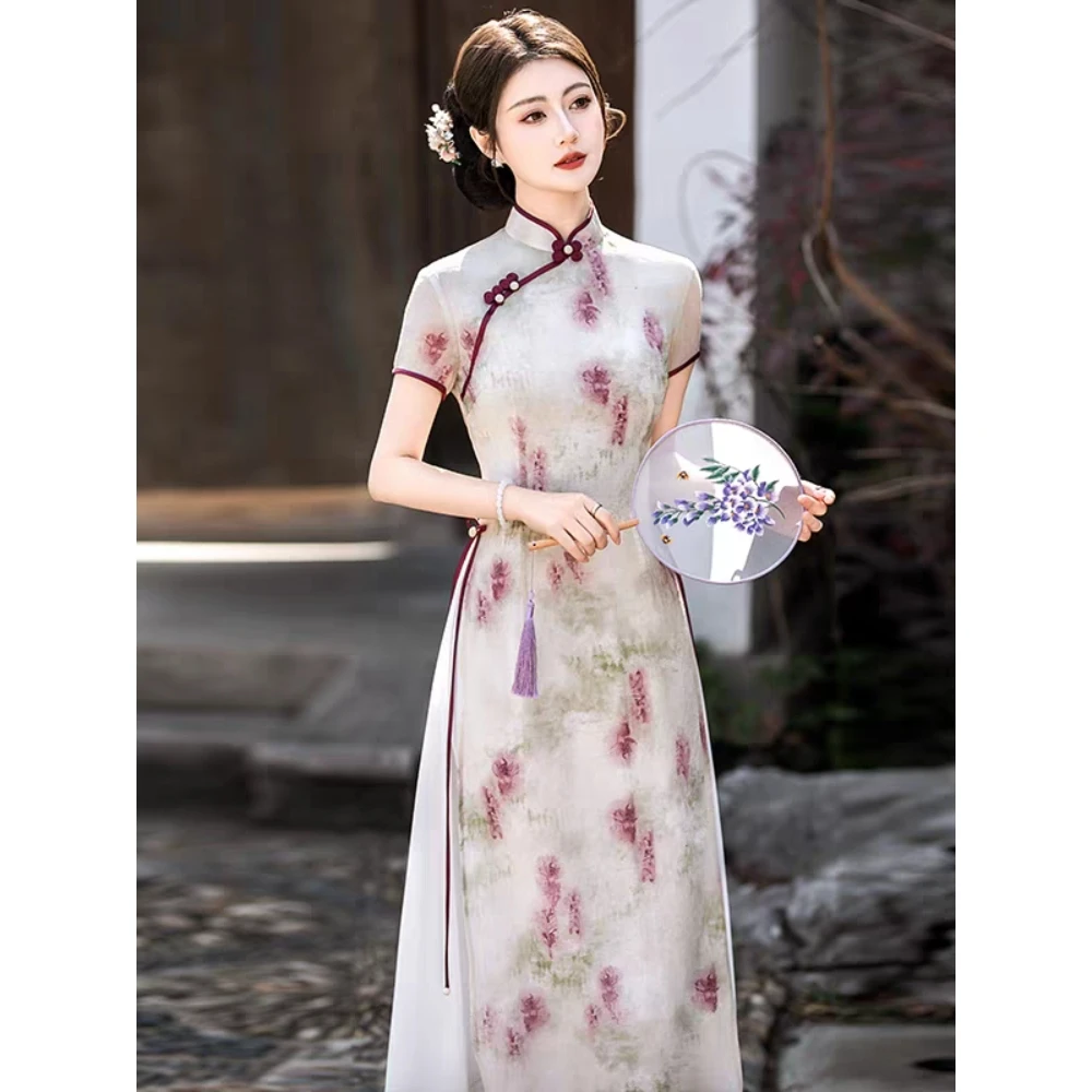 【书坊墨香】衣长122新款夏款短袖长款显瘦减龄高档旗袍