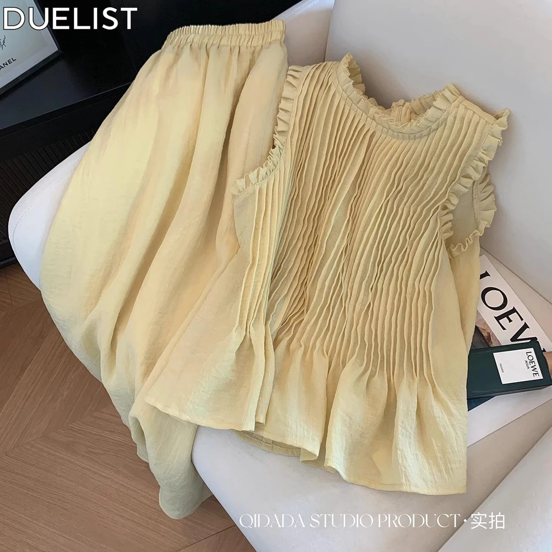 DUELIST浅黄色无袖衬衫半身裙套装夏季高级感洋气显瘦遮肉两件套