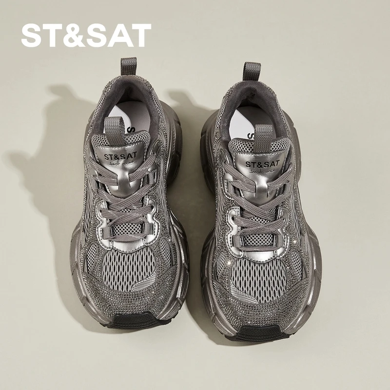 星期六银灰水钻老爹鞋女鞋春季网面透气系带运动鞋百搭潮流休闲鞋