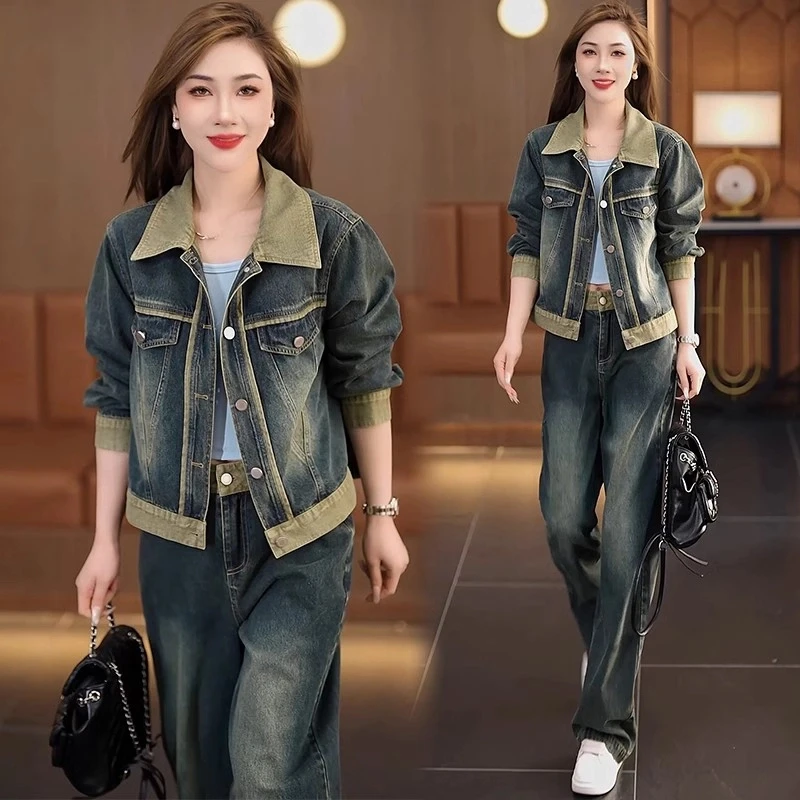 牛仔时尚套装女2025春季新款洋气显瘦短外套阔腿裤休闲网红两件套