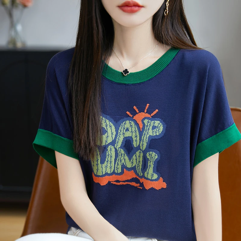 巨高级~~撞色拼接莱赛尔圆领短袖T恤女新款洋气小众字母印花上衣