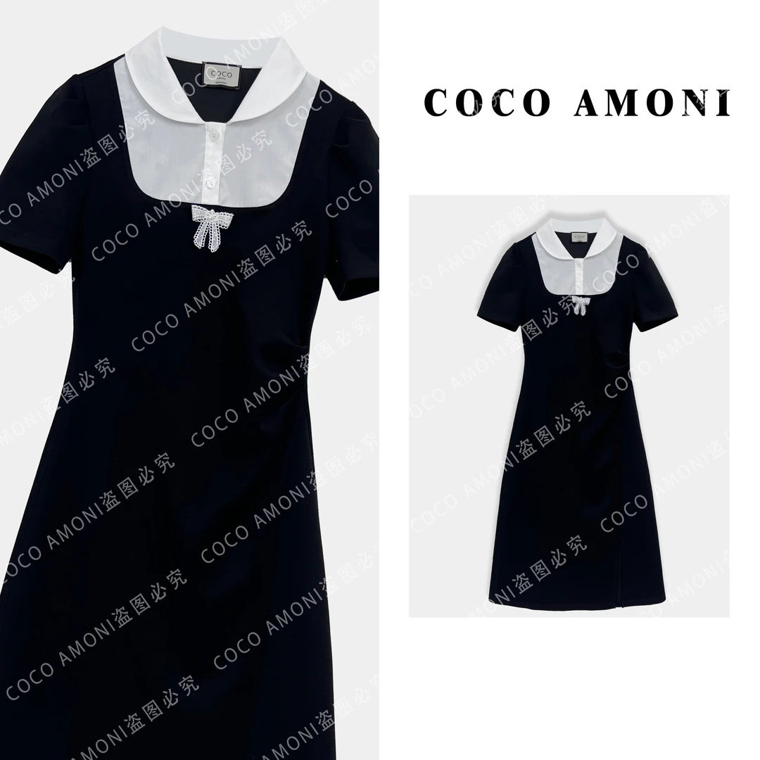 时尚设计师夏季假两件女装拼接褶皱收腰显瘦气质连衣裙AC119