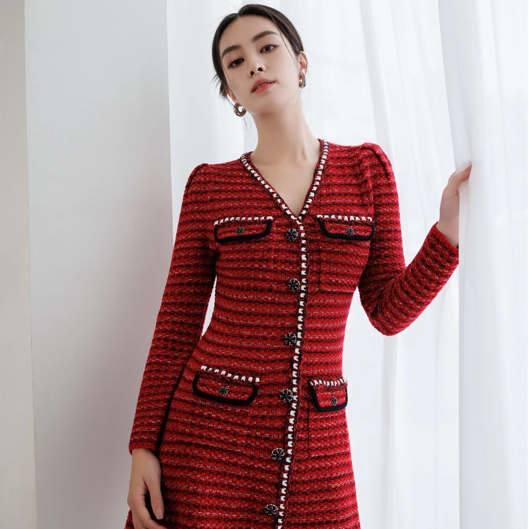 EAH CHANIE小香风连衣裙红色绵羊毛中长款V领收腰针织裙9649CL307