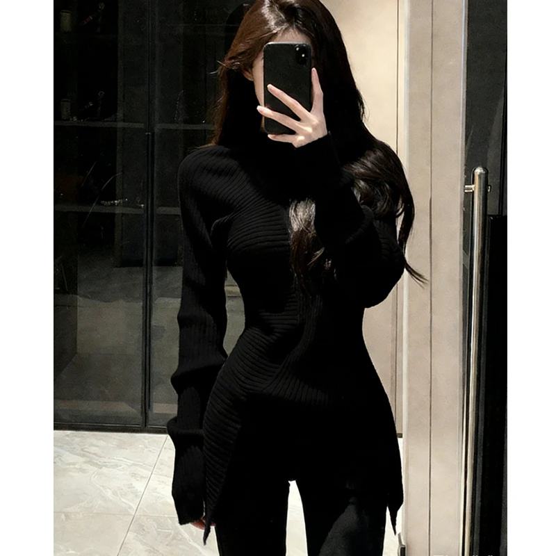 高级感气质漂亮休闲百搭2025秋冬季新款黑色百搭不规则设计毛衣女