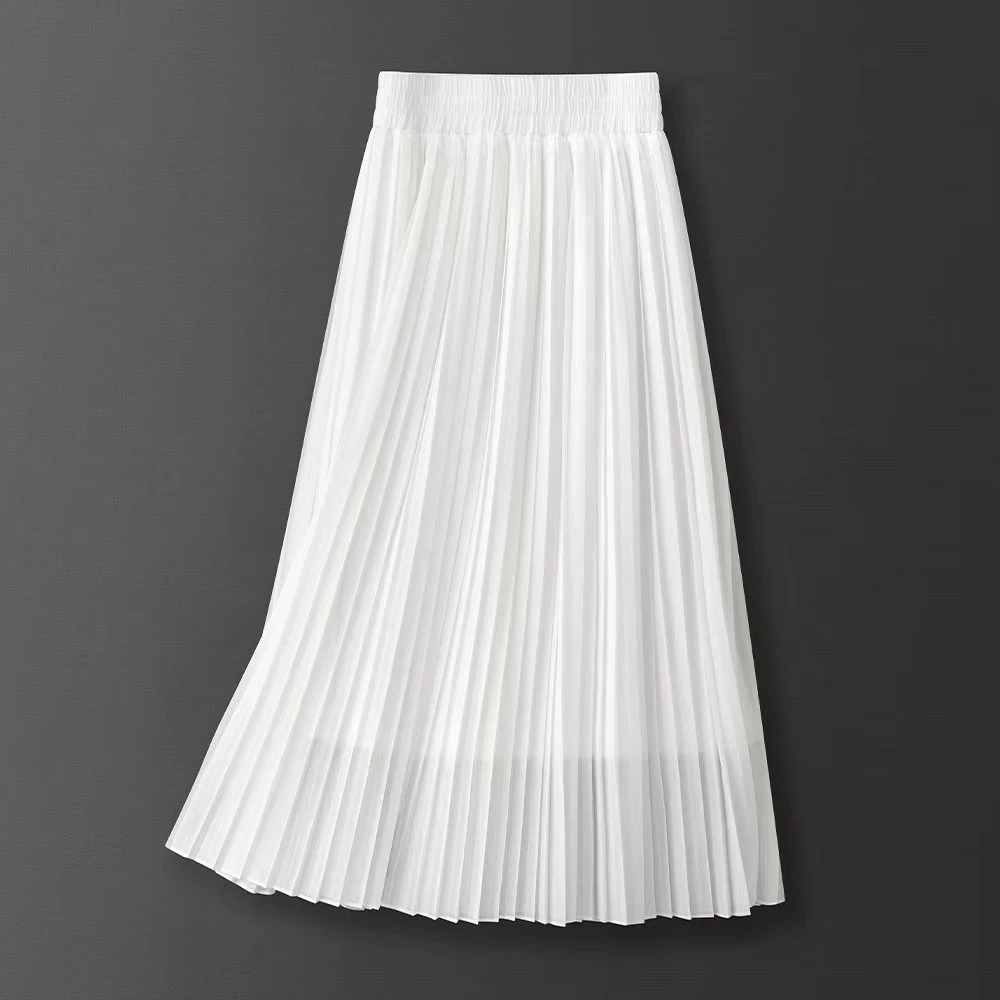 显瘦半身裙女中长款高腰垂感雪纺网纱裙子白色中裙百褶薄款a字裙