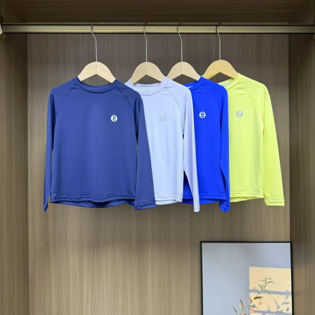 春夏季儿童后背透气网圆领速干长袖t恤上衣训练衣中大童