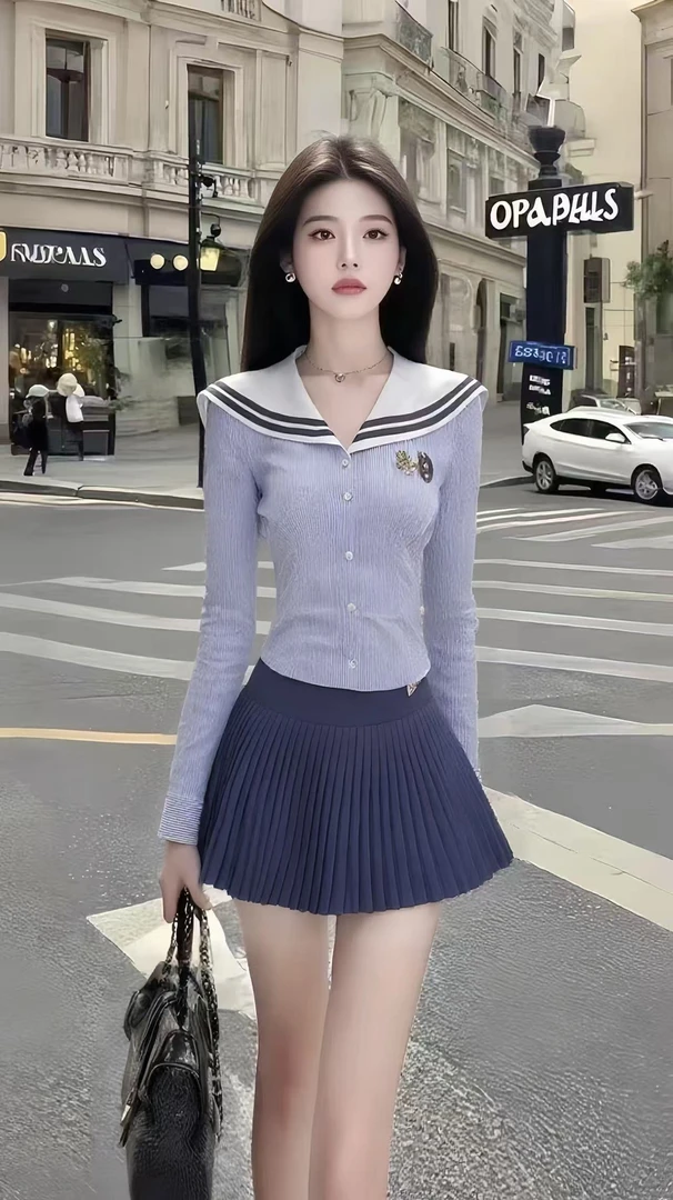 学院风气质显瘦时尚V领浅蓝色长袖修身上衣+蓝色百褶半身裙两件套