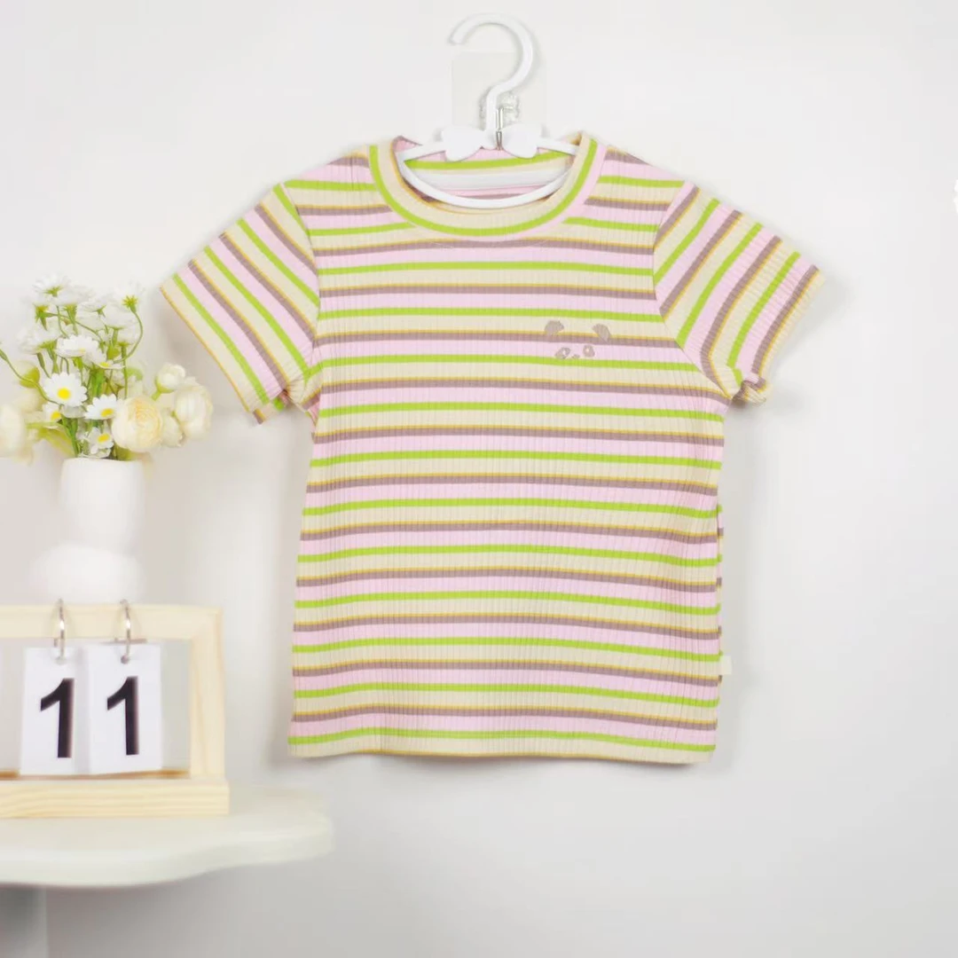 条纹半袖童装休闲圆领夏款针织短袖T恤女小童百搭排汗
