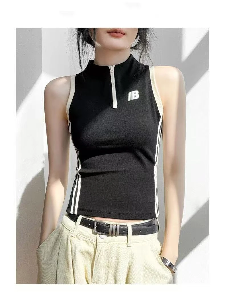 拉链立领背心女2025春夏新款修身内搭打底衫运动无袖上衣健身显瘦