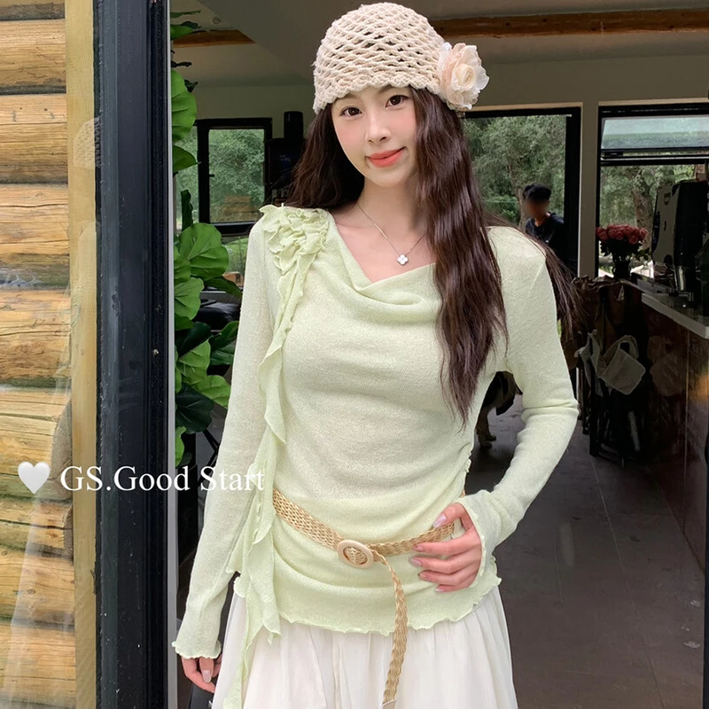 法式花朵飘带荡领长袖t恤女时尚气质显瘦百搭别致上衣