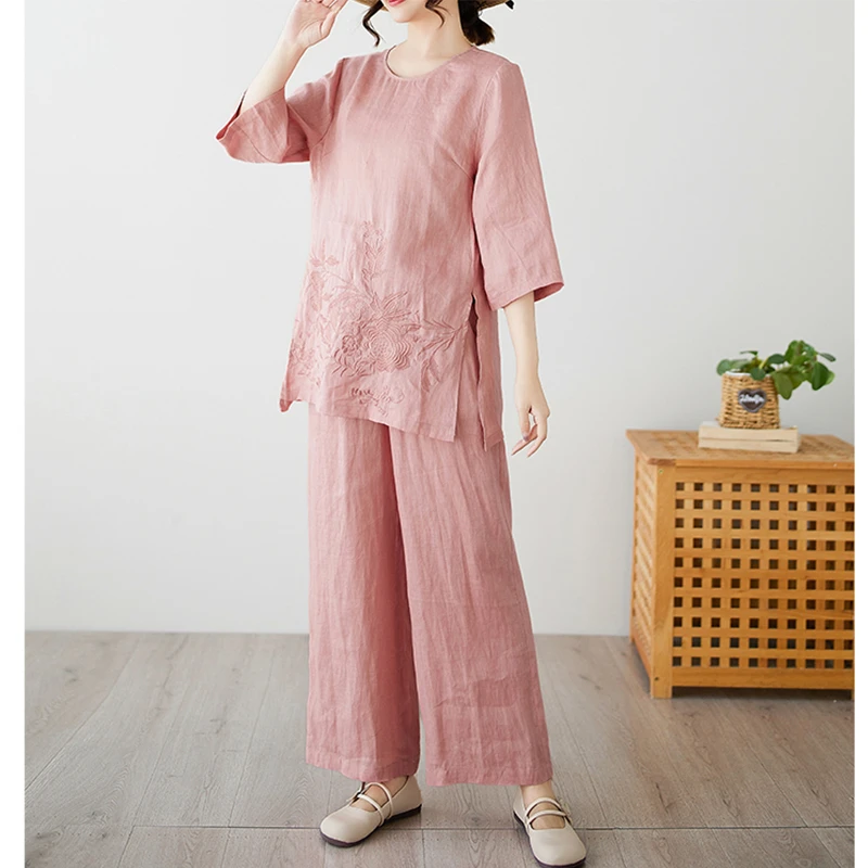 YX#两件套显瘦圆领上衣高腰纯色裤子棉麻刺绣套装女DY13800