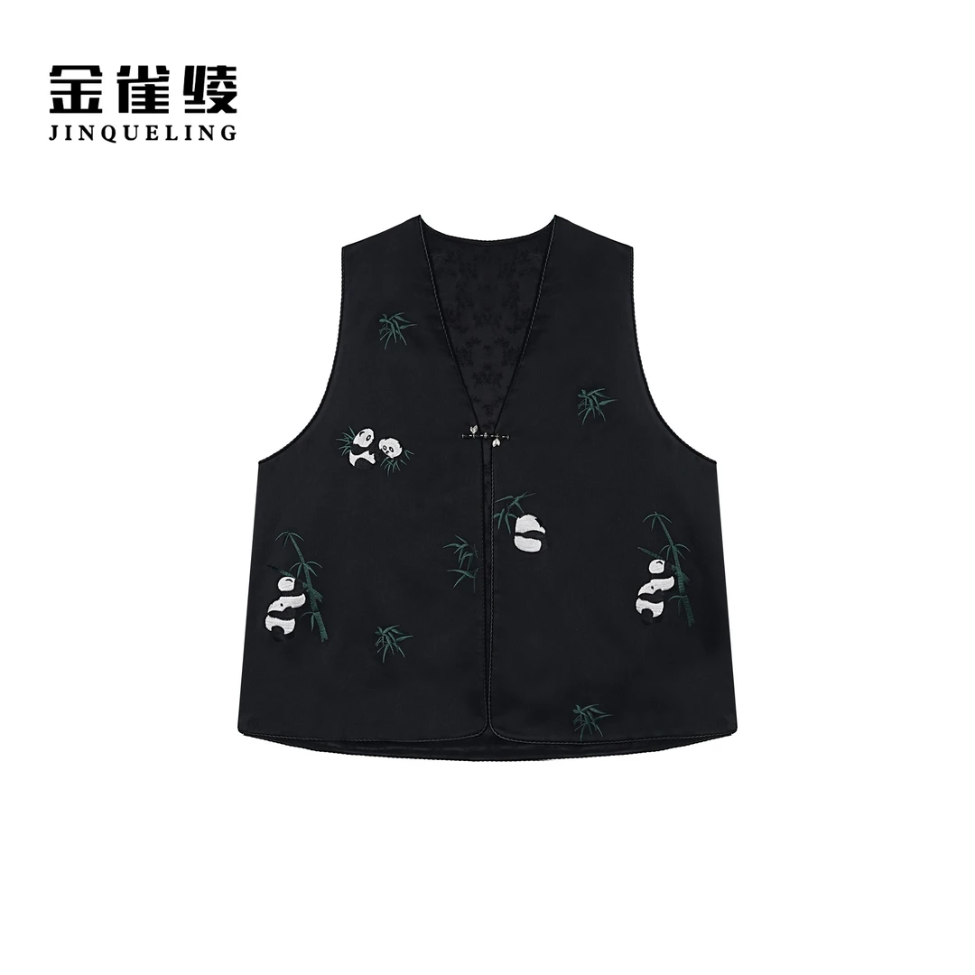 金雀绫【玉竹熊猫】新中式国潮刺绣加宽加大女装马夹SZA1T128