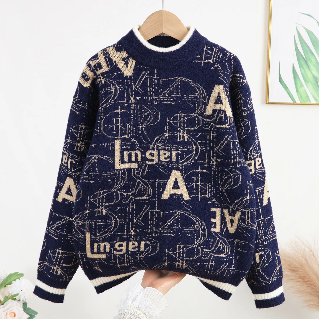 男童毛衣2025秋冬新款儿童加绒加厚打底针织衫套头上衣中大童潮