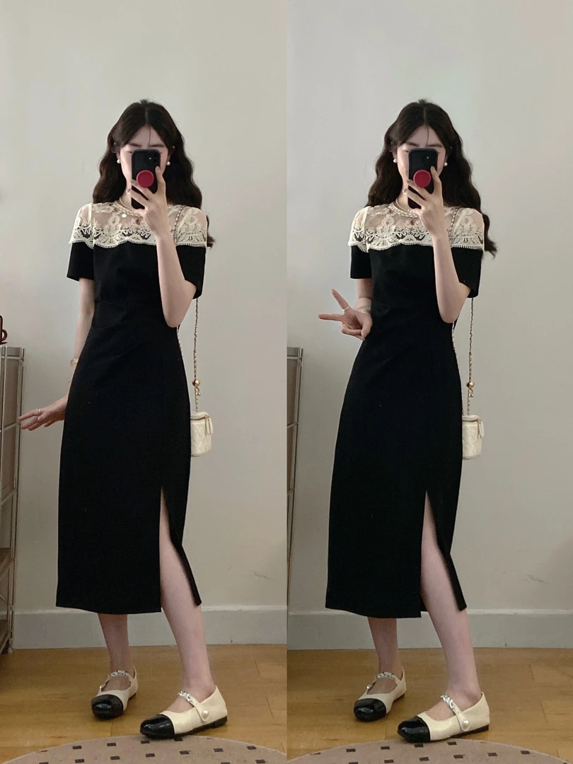 大码假两件复古连衣裙女夏季法式开叉裙子胖mm遮肚显瘦气质a字裙